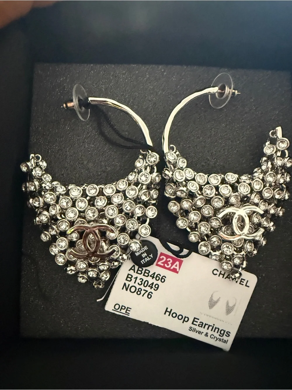 Authentic- CHANEL Crystal Pavé Hoop Earrings - Silver Tone
